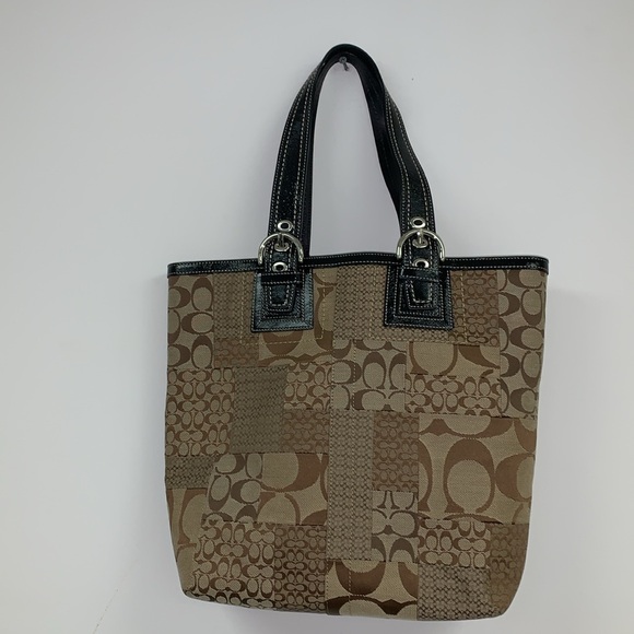 Coach Patchwork Canvas Tote with patent leather handles tag also silver hardware - Picture 2 of 12